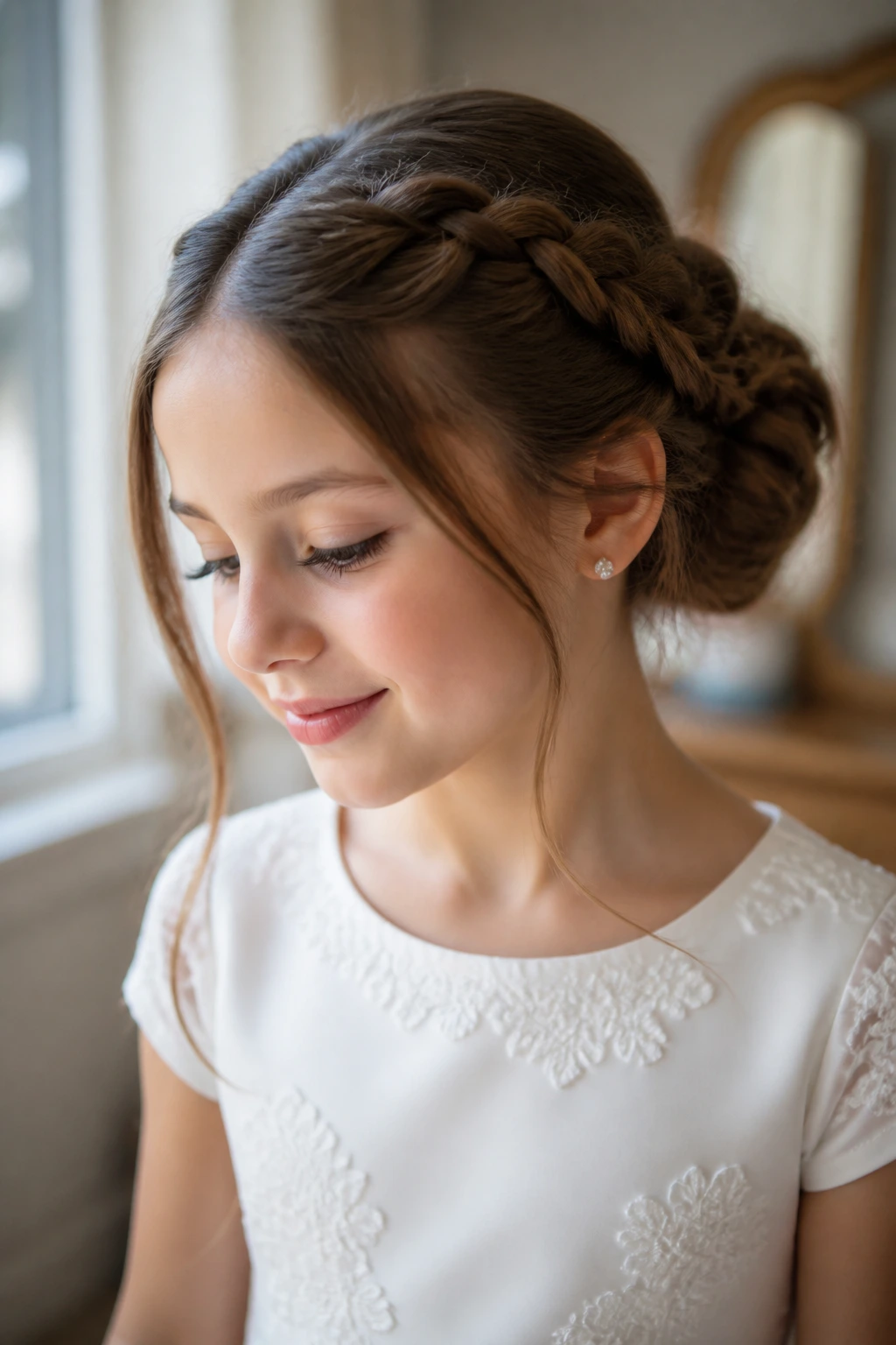 Close-up portrait of a young girl with a neat communion hairstyle under natural light
