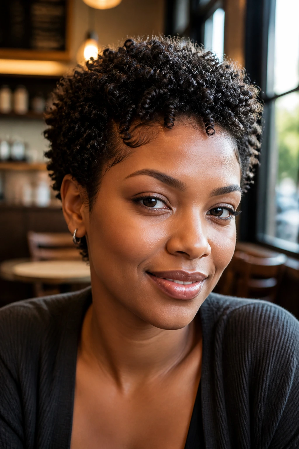 Close-up portrait of a real person with compact coil cut in a cafe setting
