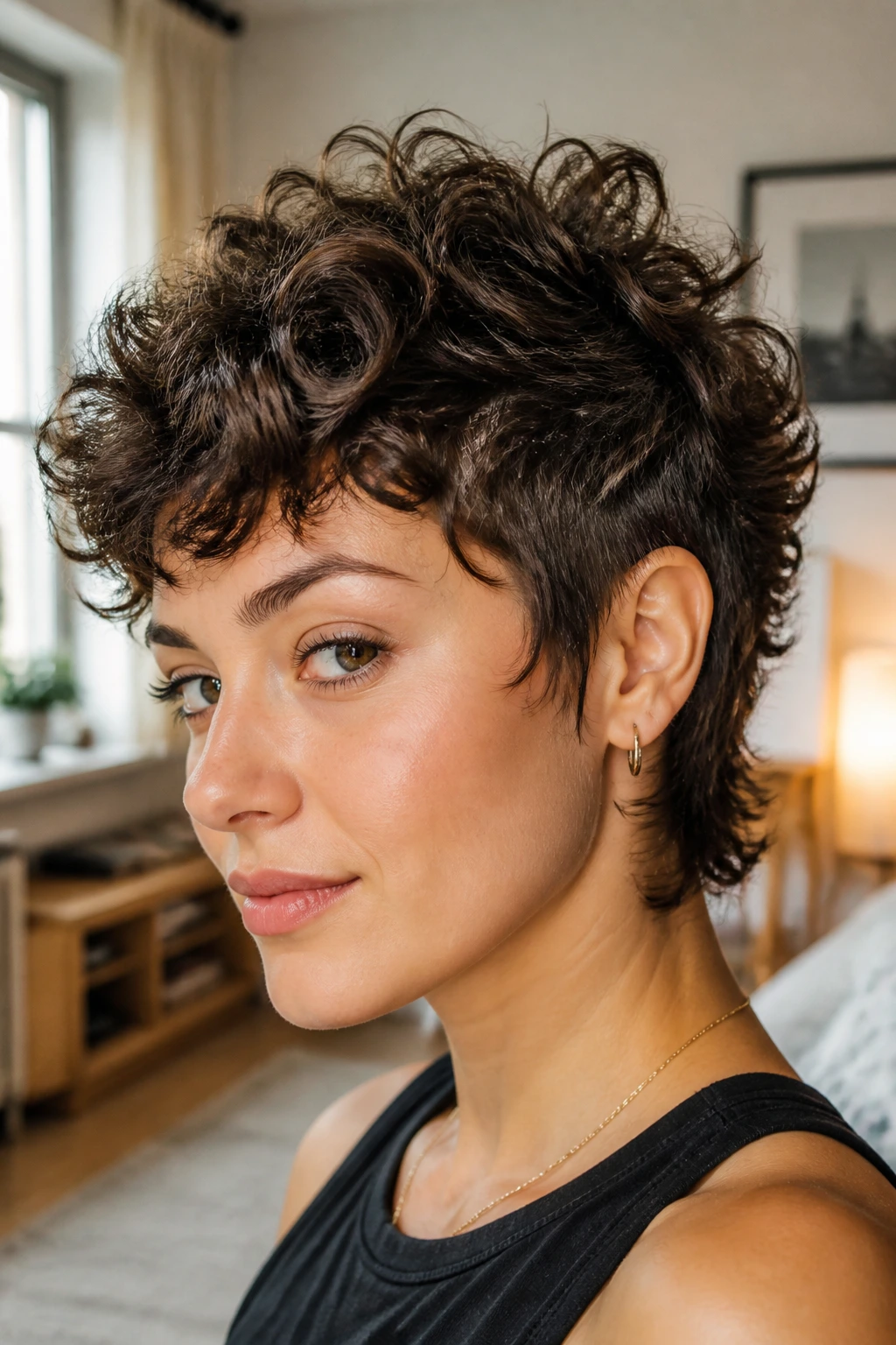 Close-up portrait of a real person with a bold pixie wolf cut in natural window light