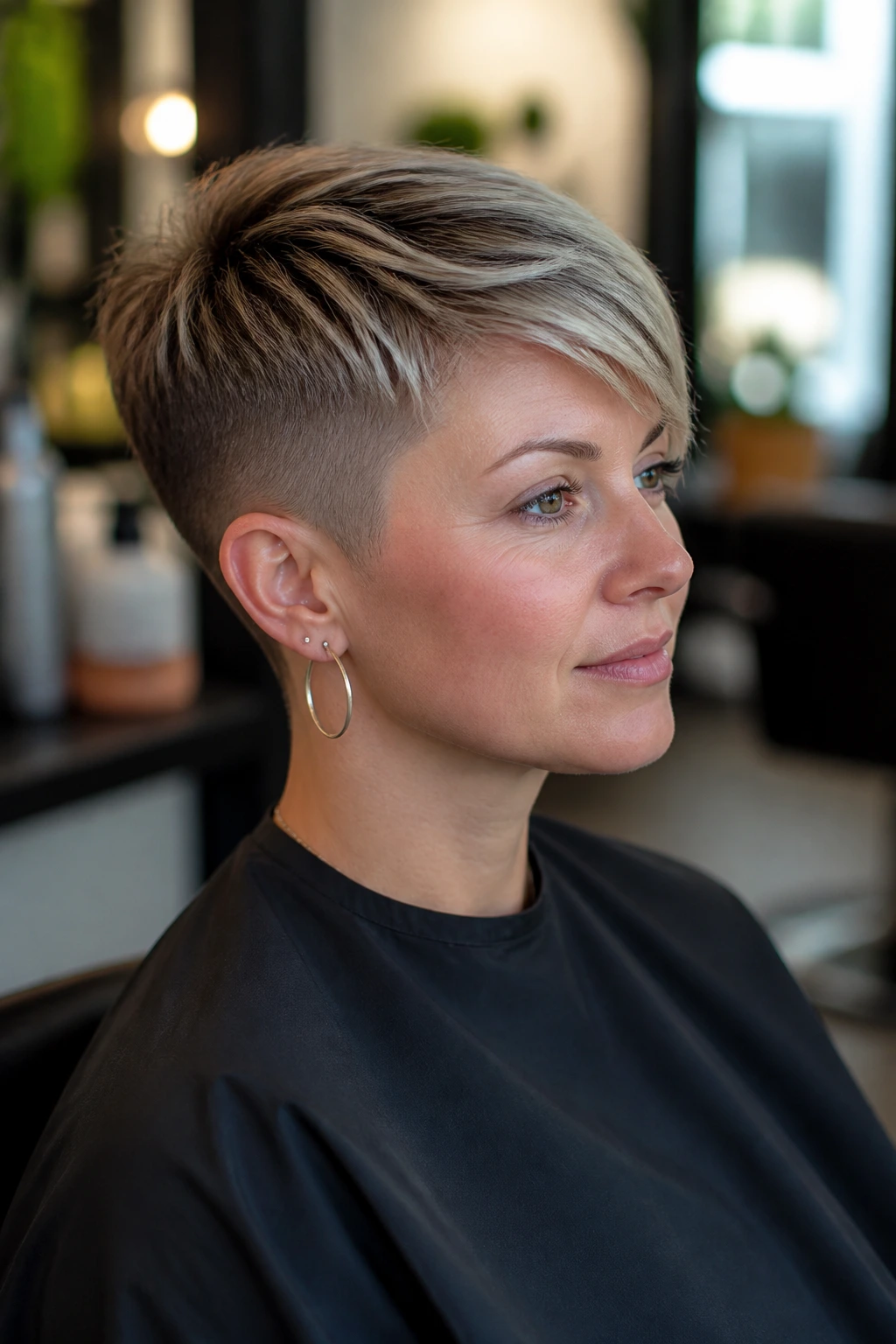Three-quarter salon portrait of a real person planning an undercut pixie consultation