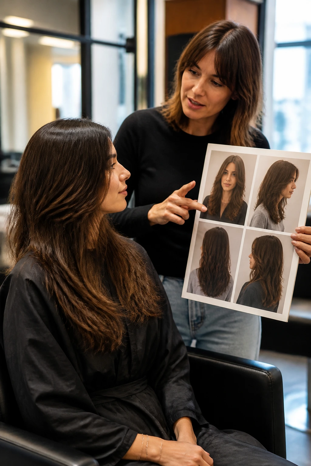 Real client in salon discussing haircut version with stylist.