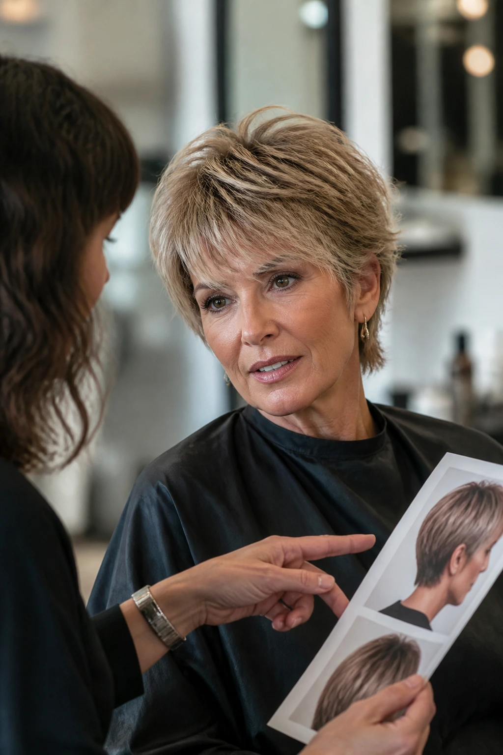 Real client in salon discussing crown and fringe layering with stylist