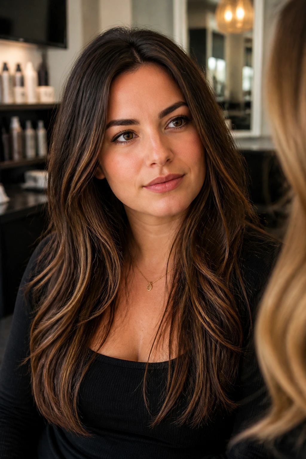 Woman consults in salon with long hair, contemplating a long cut