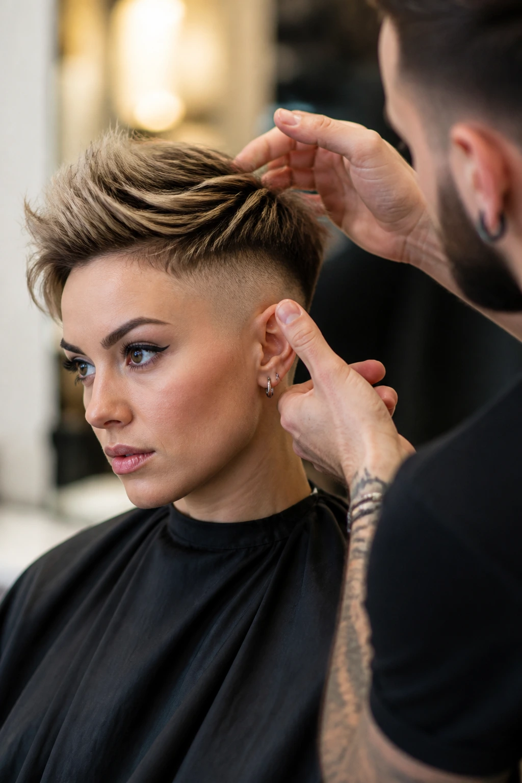 Real client consulting with a stylist about undercut details in a chic salon