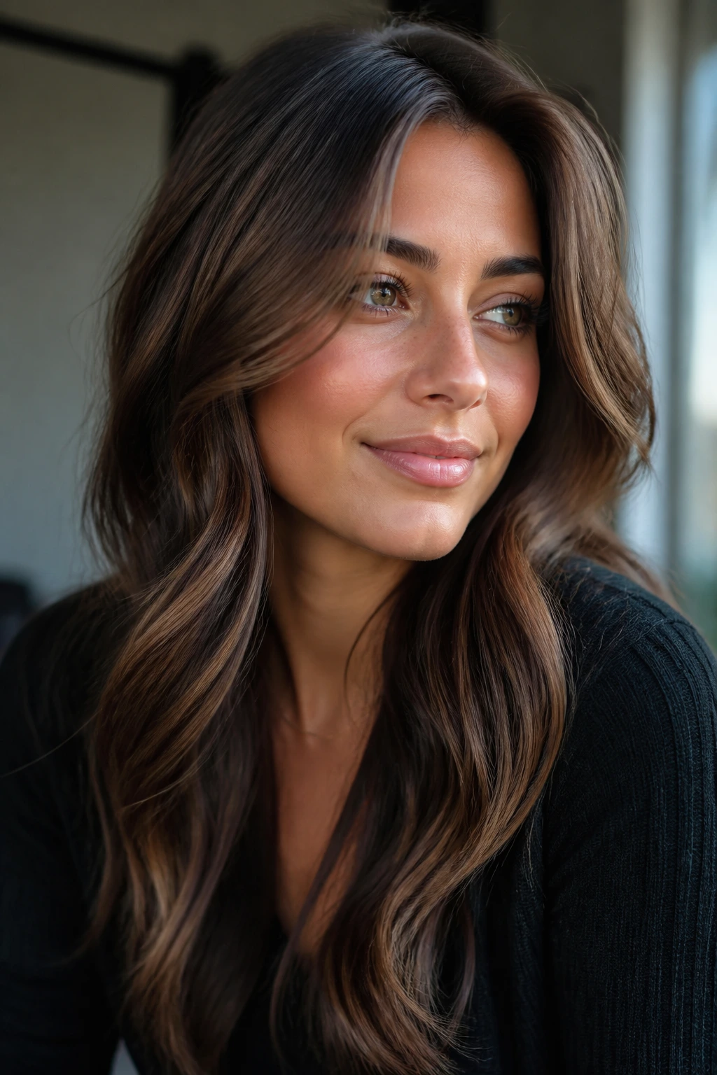 Close-up portrait of a real woman with contoured truffle brown hair framing her face in natural window light