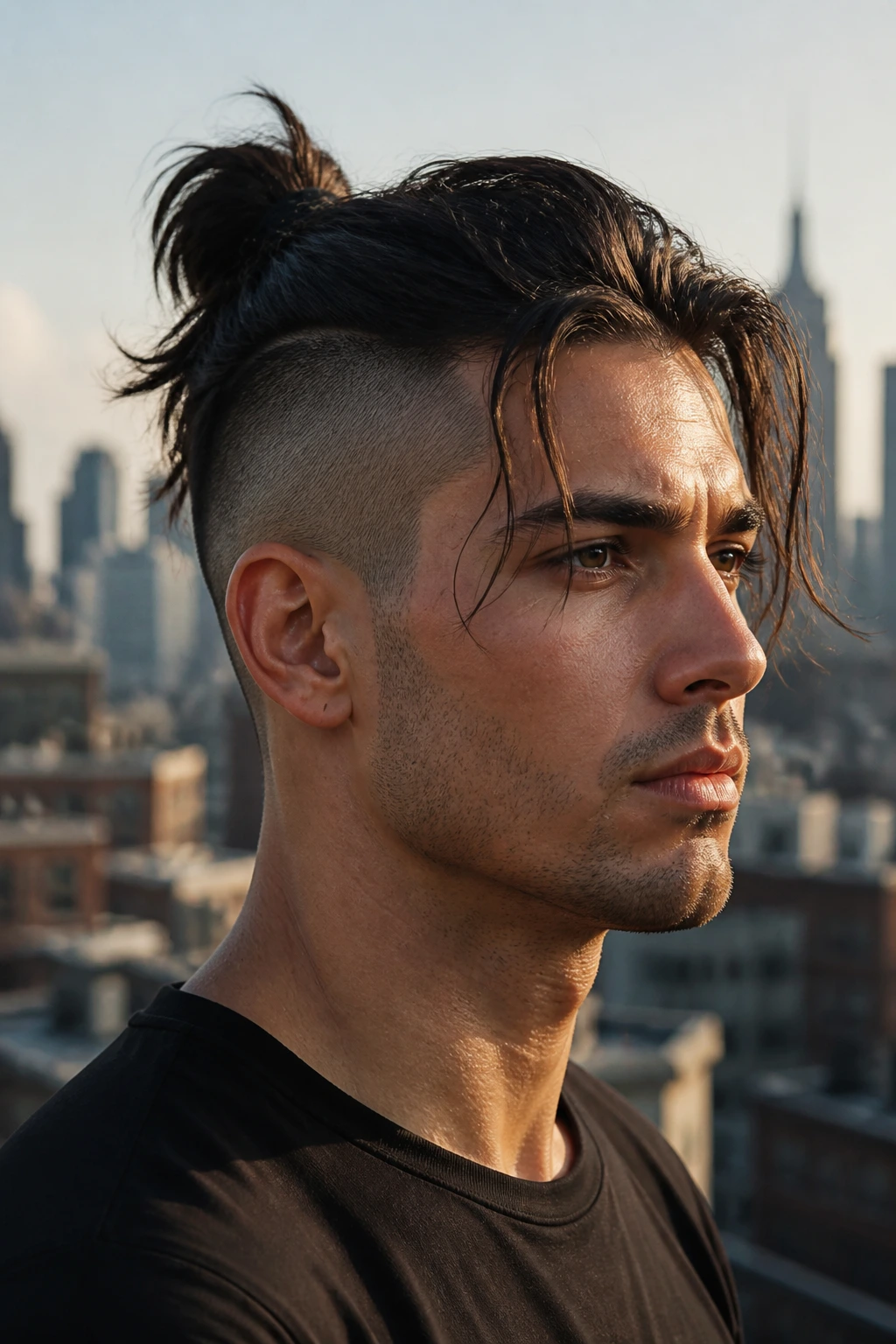 Portrait showing long top with shaved sides to illustrate contrast in long hair styles.