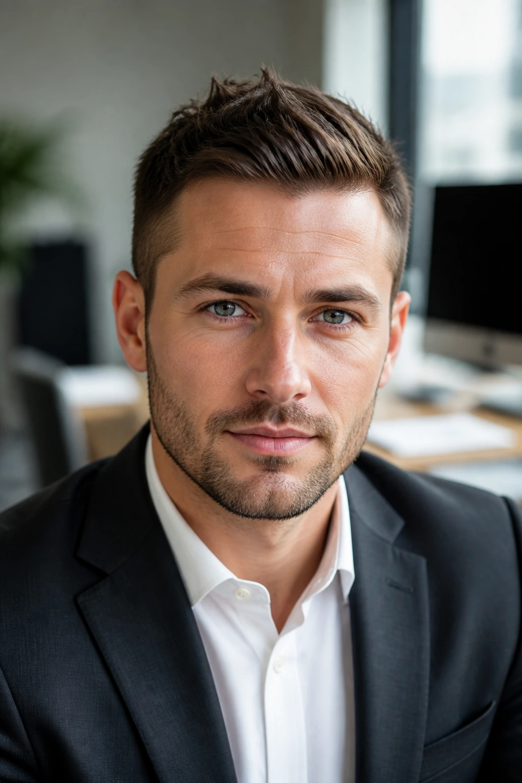 Man with low, controlled spikes in an office setting