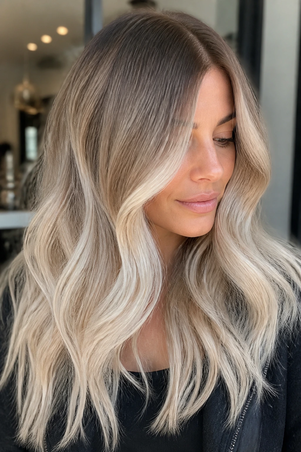 Close-up of a real woman with cool ash blonde melt hair and pale ends