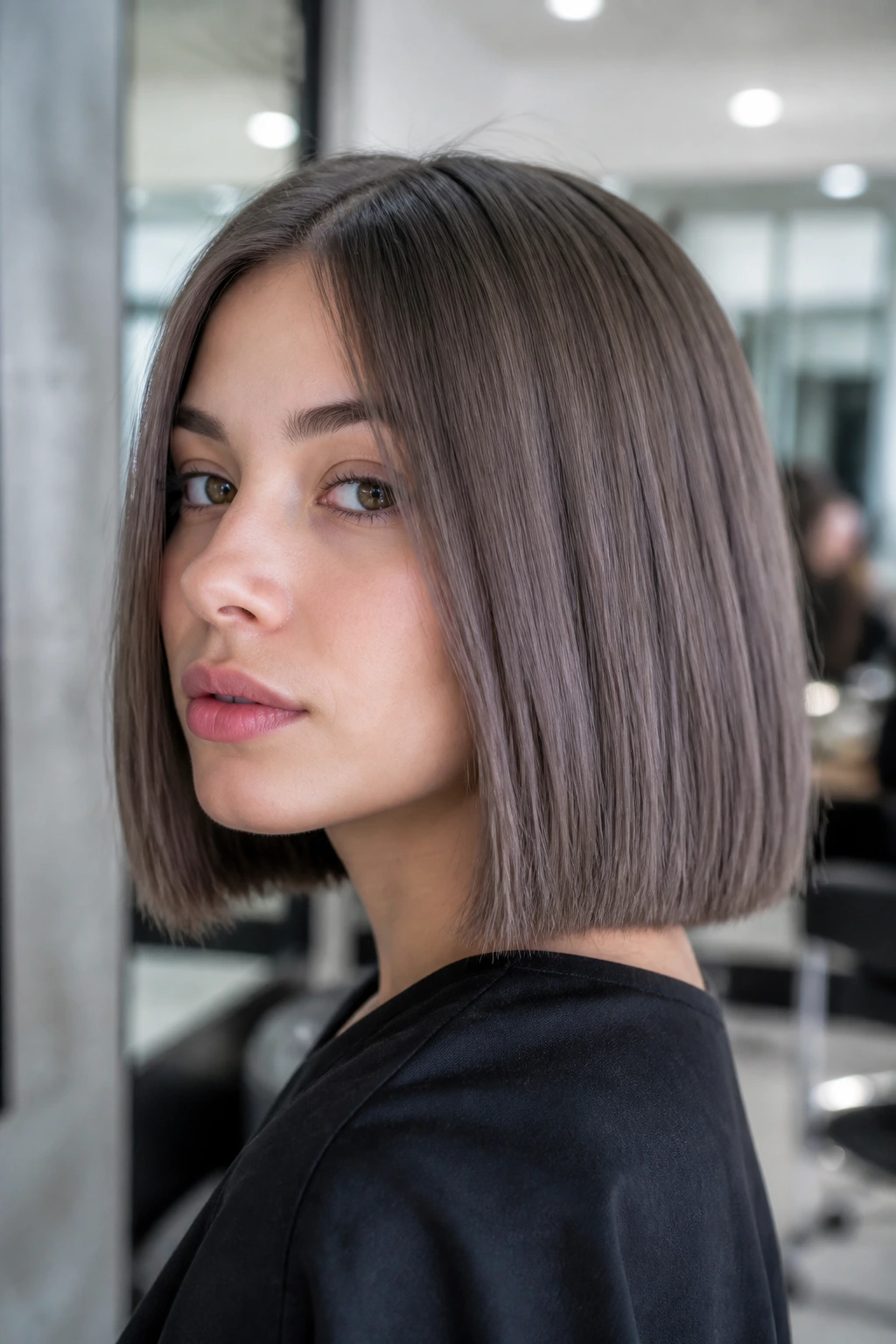 Close-up of a real person's blunt bob in cool ash brown