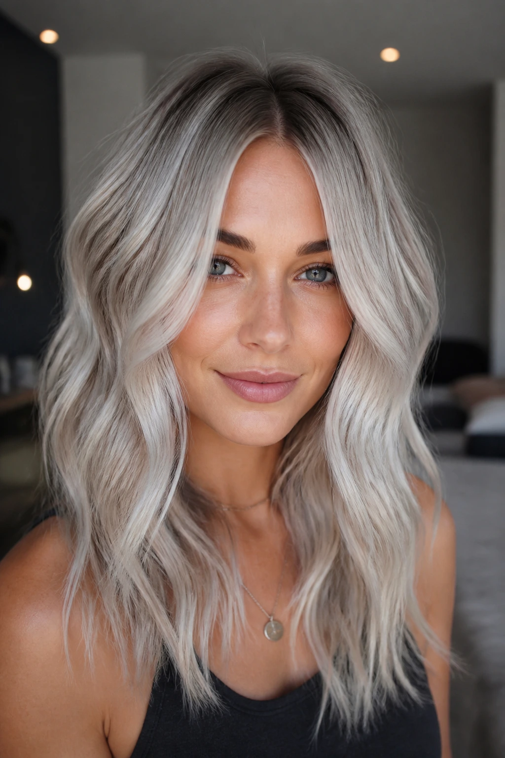 Close-up of cool ash blonde after brass correction on a real person