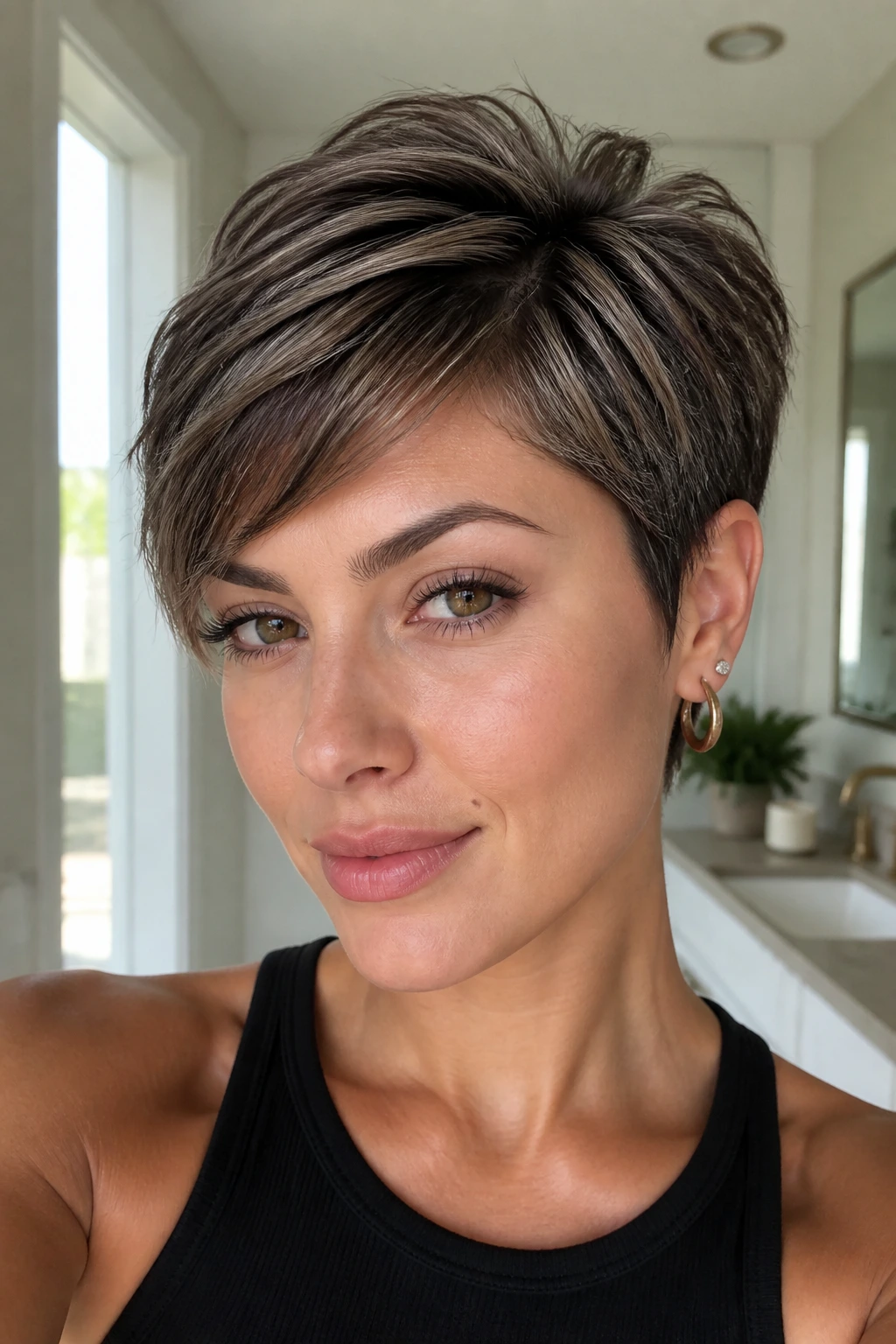 Close-up of real woman's pixie with cool ash brunette balayage ribbons