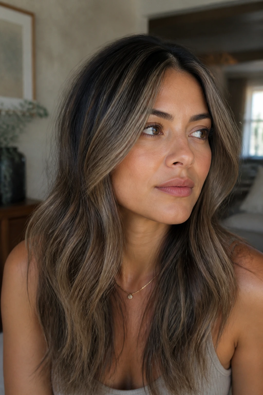 Close-up of olive-toned skin with cool beige babylights.