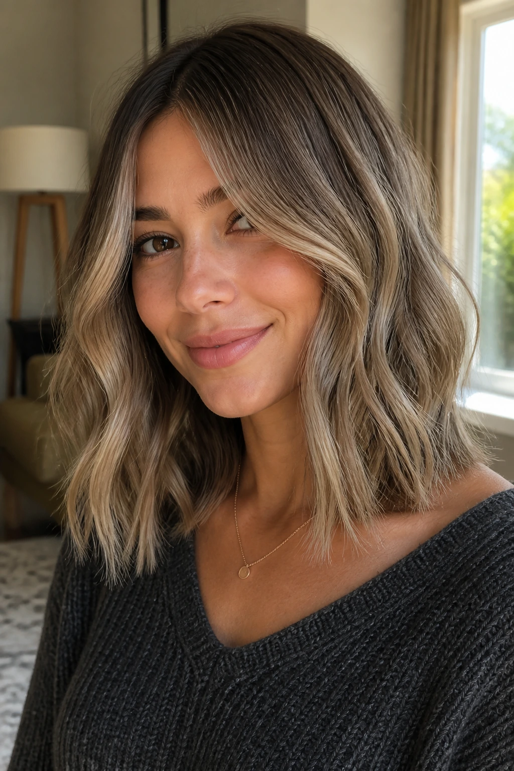 Close-up portrait of a real woman showing cool beige balayage on midlength hair in natural window light