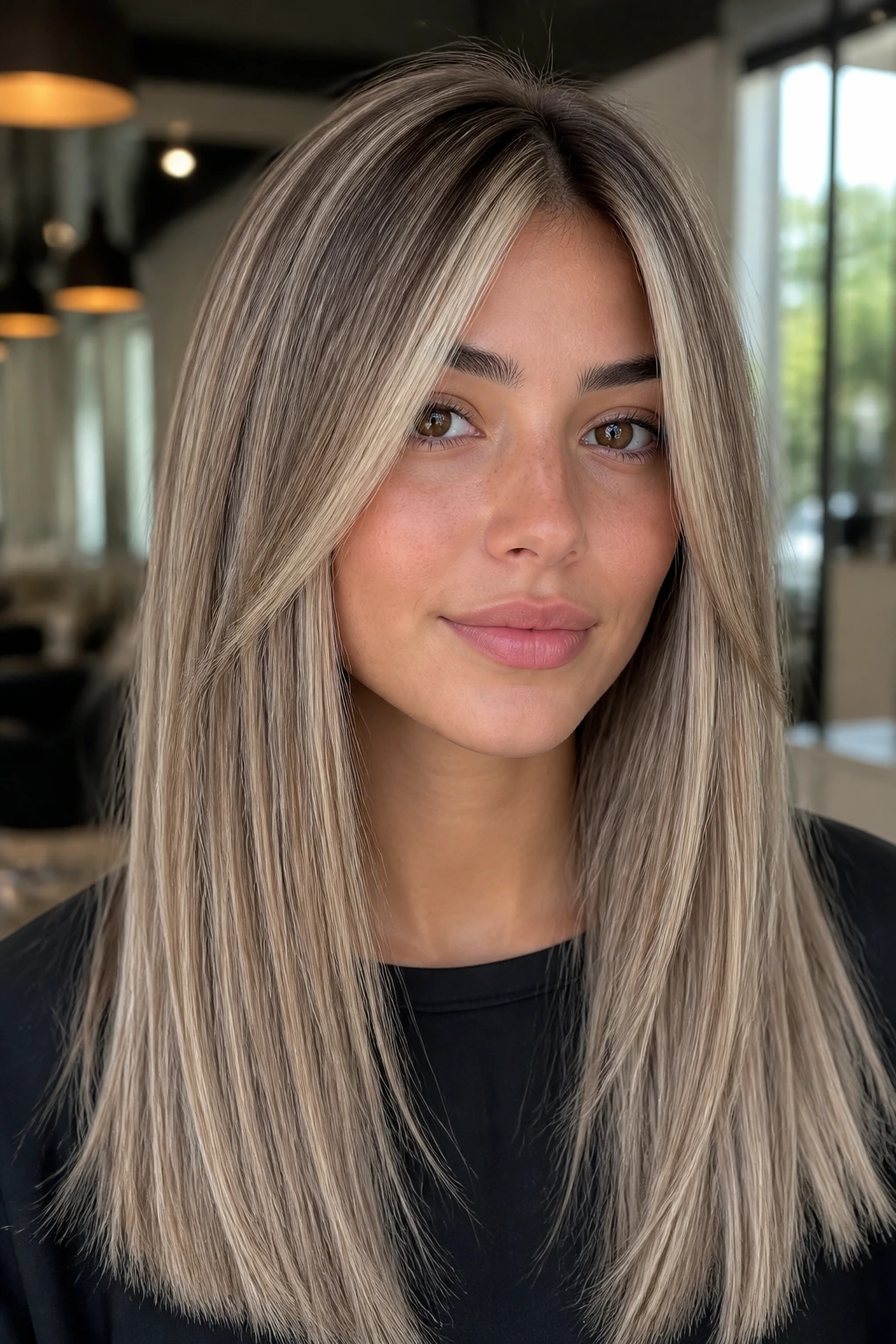 Close-up portrait of a real woman with cool beige foils on straight hair in a modern salon