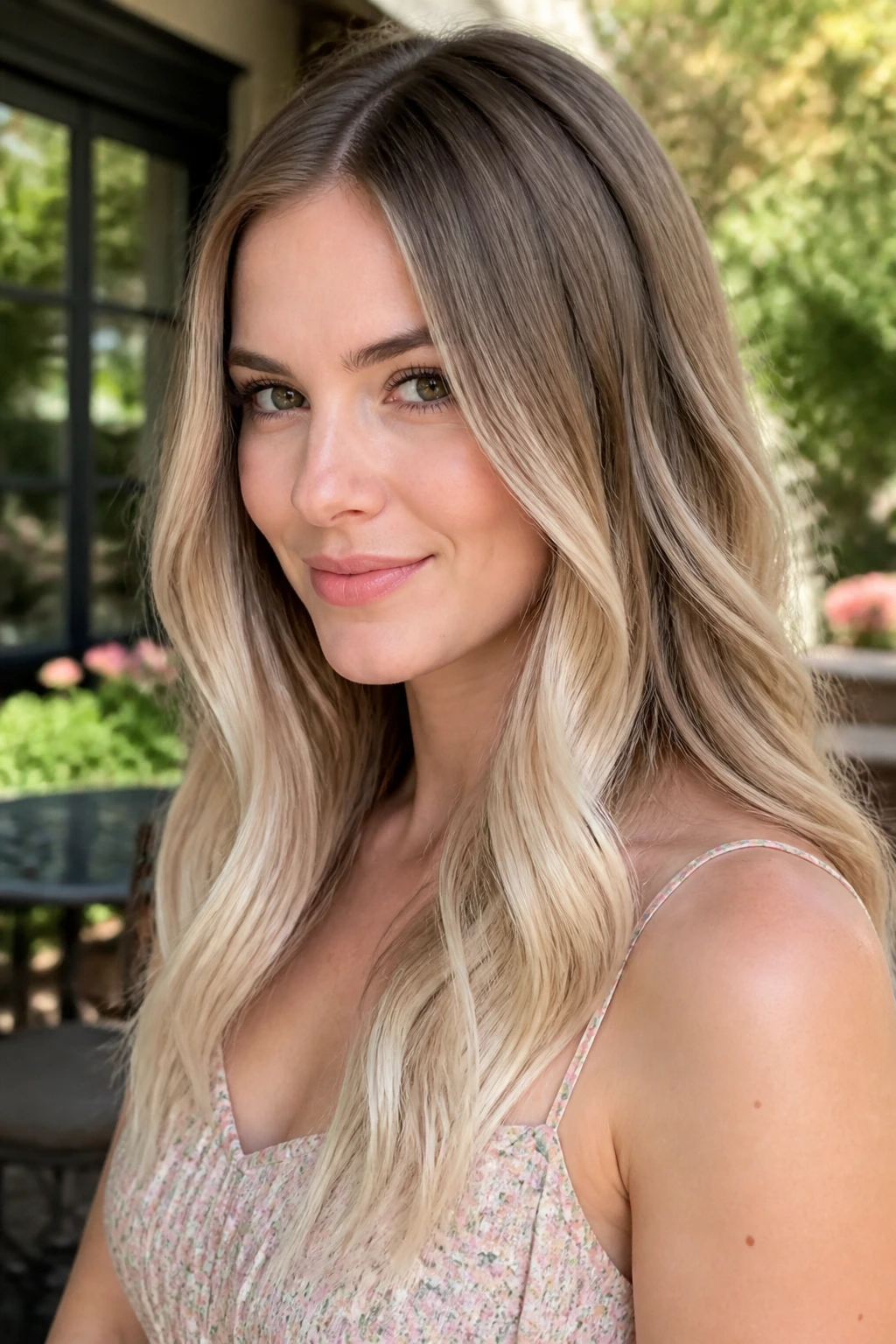 Close-up of a real woman with cool beige ombré hair gradient from roots to ends.