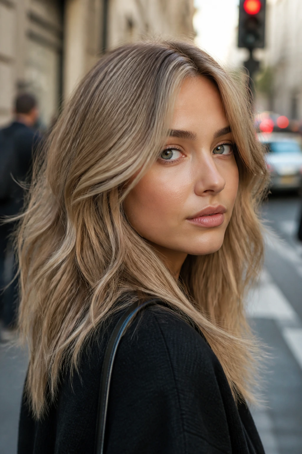 Portrait of a real person with cool beige hair showing depth and gloss in urban light