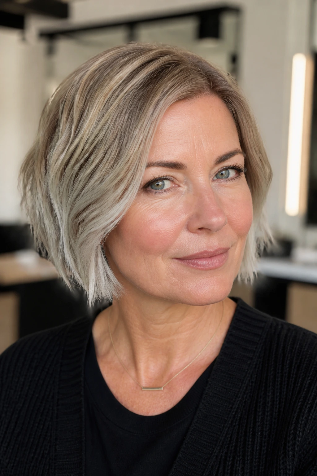Portrait of a real person with cool beige hair and silver ends on a short bob