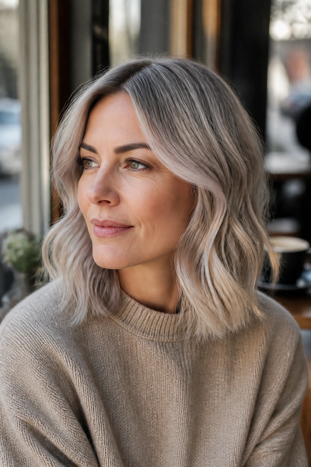 Real woman with cool beige silver hair in shoulder-length style