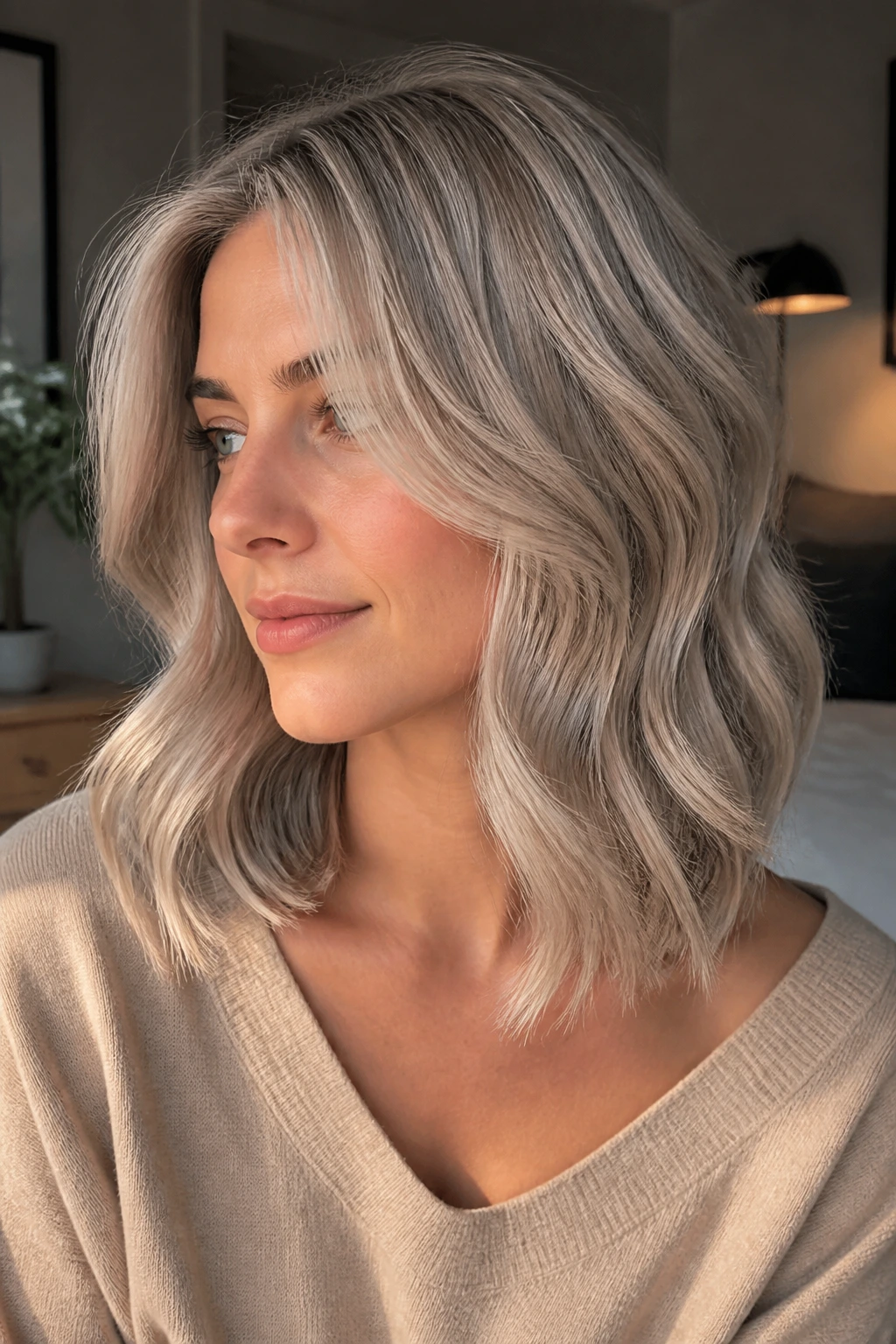 Close-up of a real woman with cool beige-silver melt on shoulder-length hair