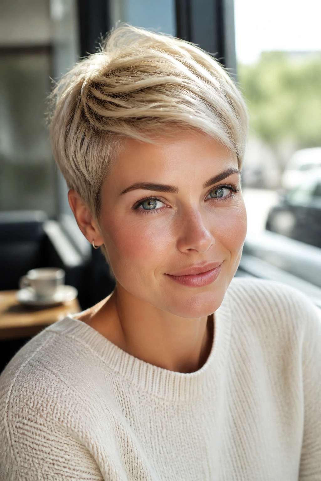 Close-up of cool blonde crop with soft layers in cafe window light
