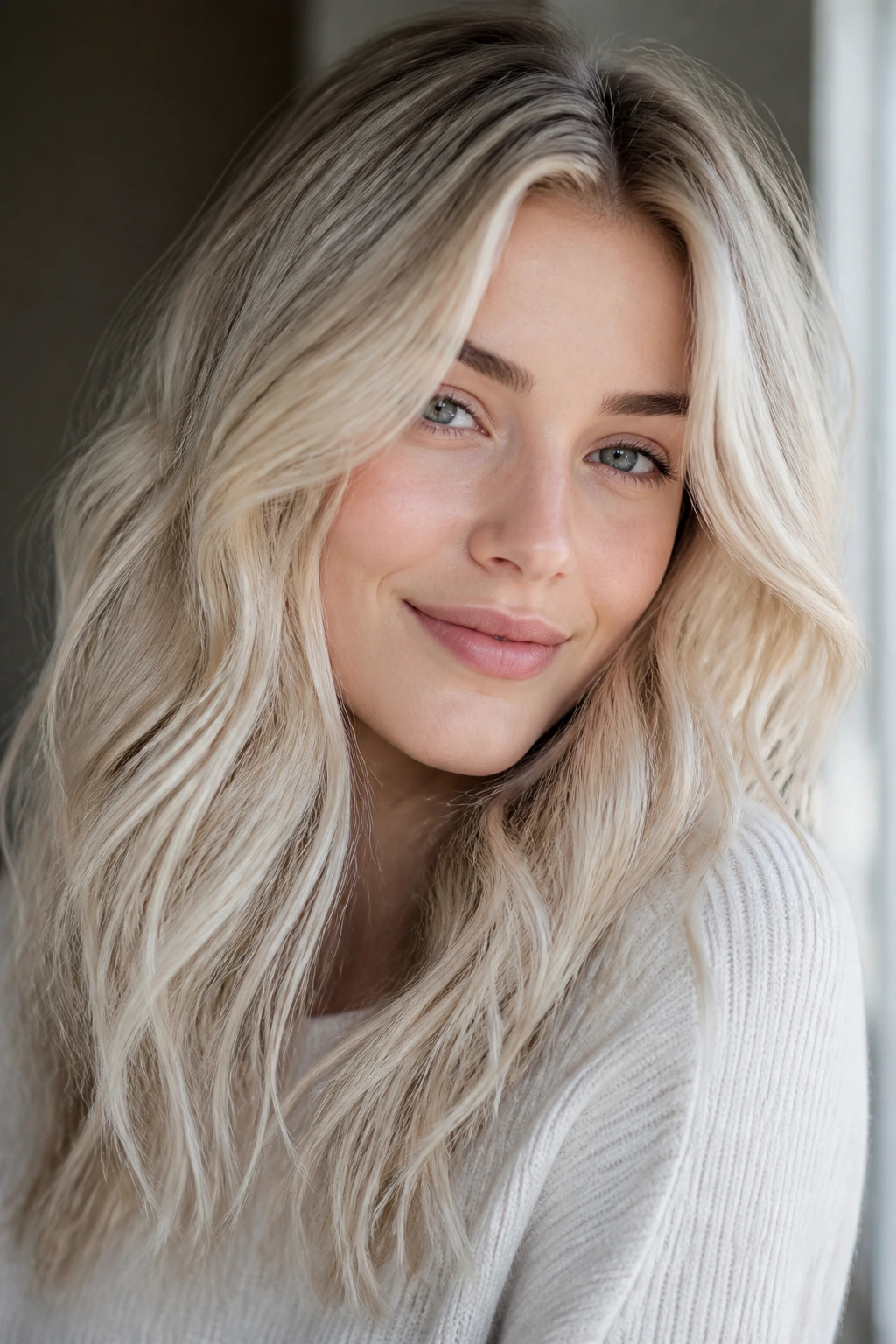 Portrait of a person with cool-toned blonde hair flattering fair skin in daylight.