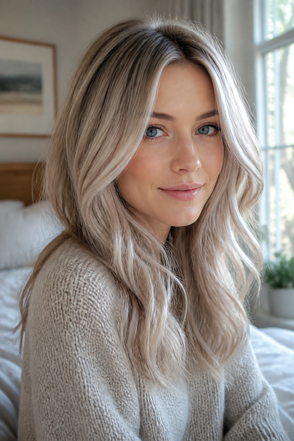 Close-up portrait of a real person with cool blonde shades on fair skin in soft window light