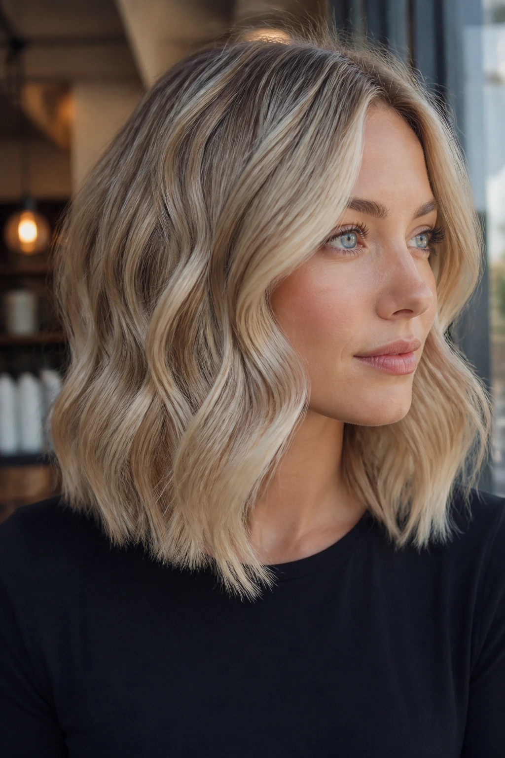 Portrait of a real woman with a cool blonde S-curve lob