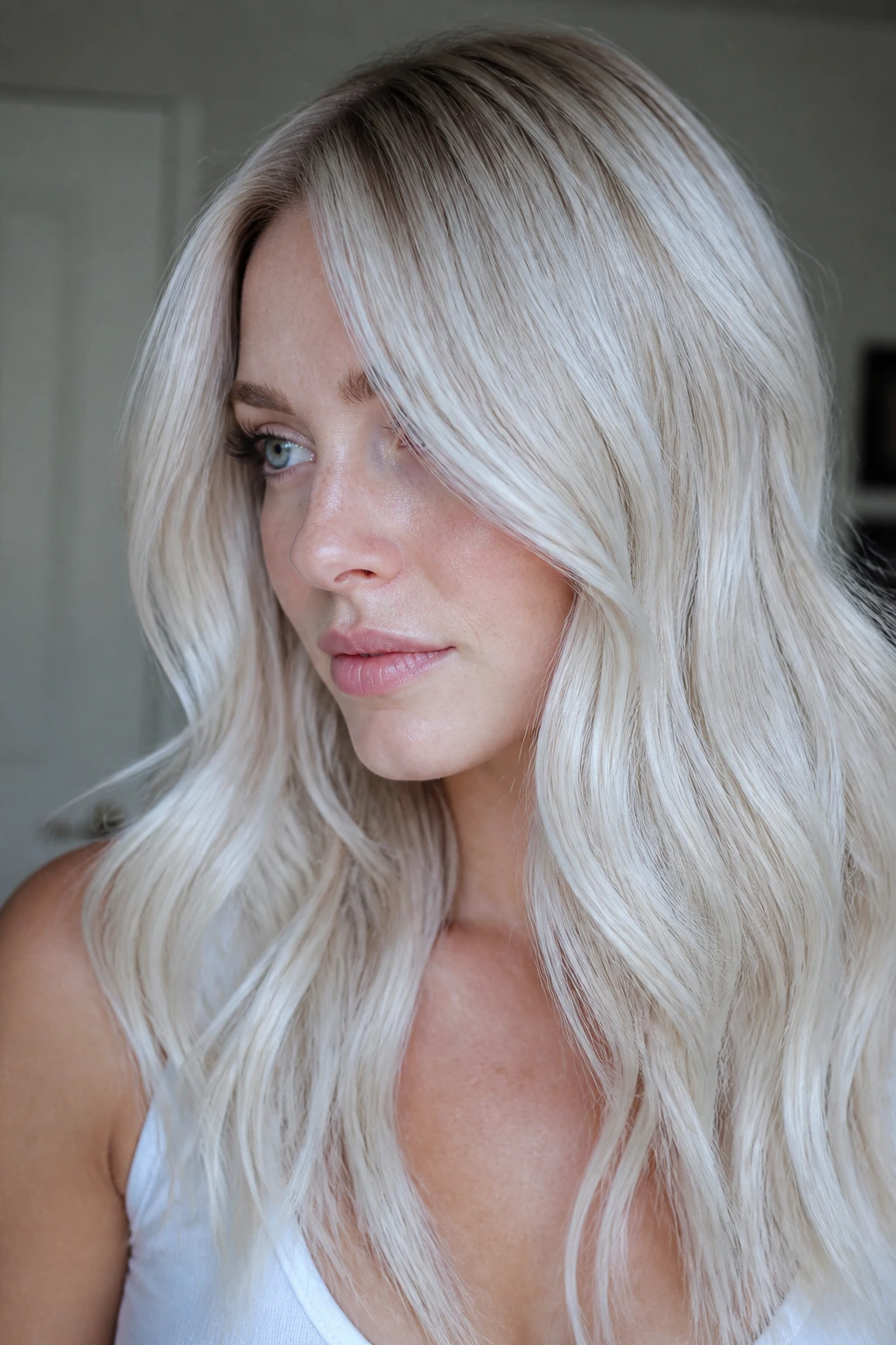 Close-up portrait of ice blonde with subtle root shadow and gloss