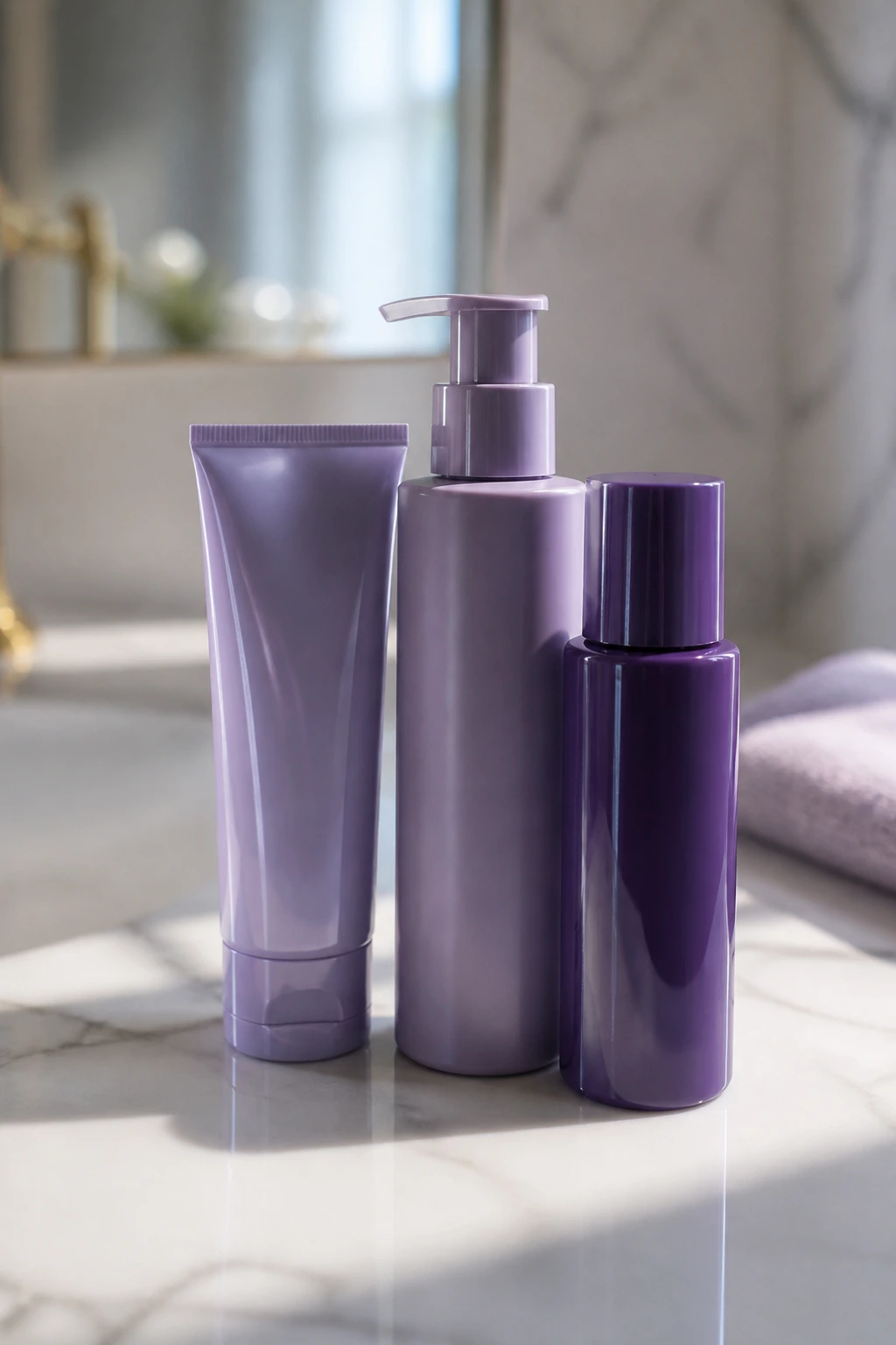 Close-up of label-free haircare bottles on a bathroom vanity for cool blonde maintenance.