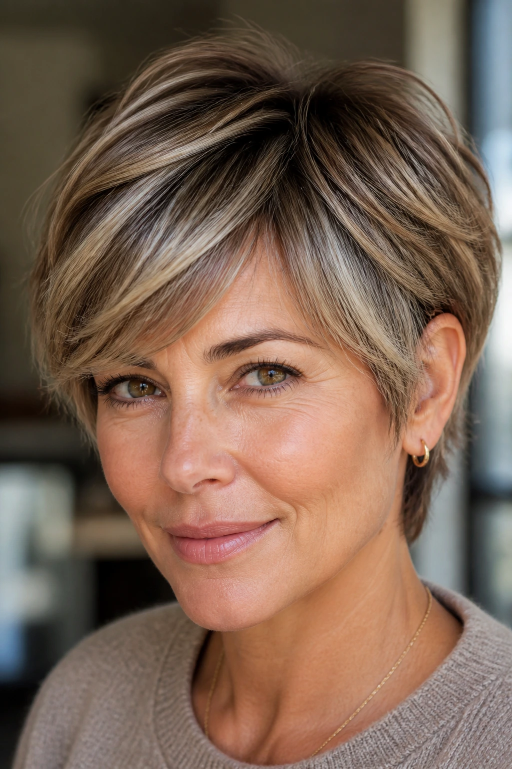 Close-up of real person with Cool Bronde Bixie hair featuring ash-beige highlights