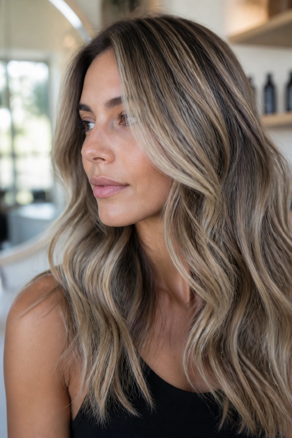 Close-up of a real woman showing cool bronde with lived-in lowlights.