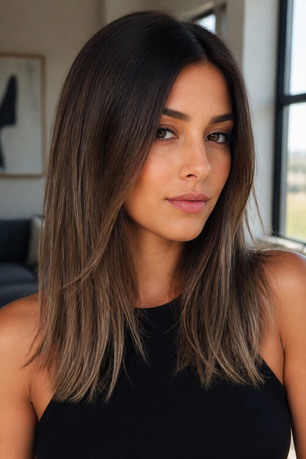 Portrait of a woman with cool brown hair and ashy ends in daylight