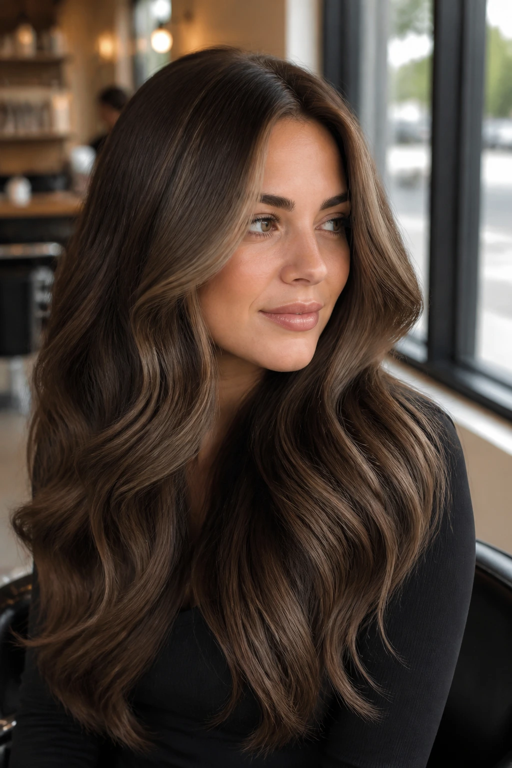 Close-up portrait showing cool brunette contour framing the face on a real person