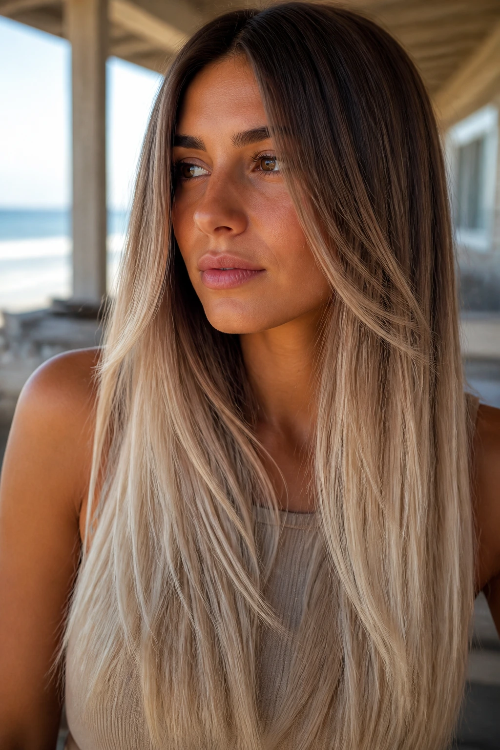 Close-up of a real person with cool brunette to iced sand gradient hair