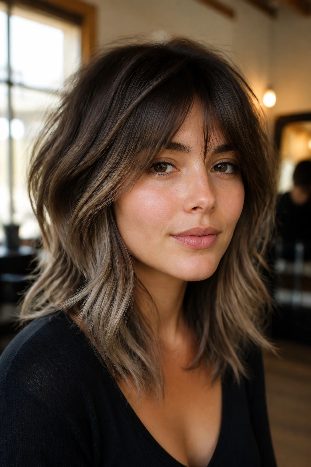 Real woman with cool brunette mushroom balayage wolf cut in a sunlit salon.