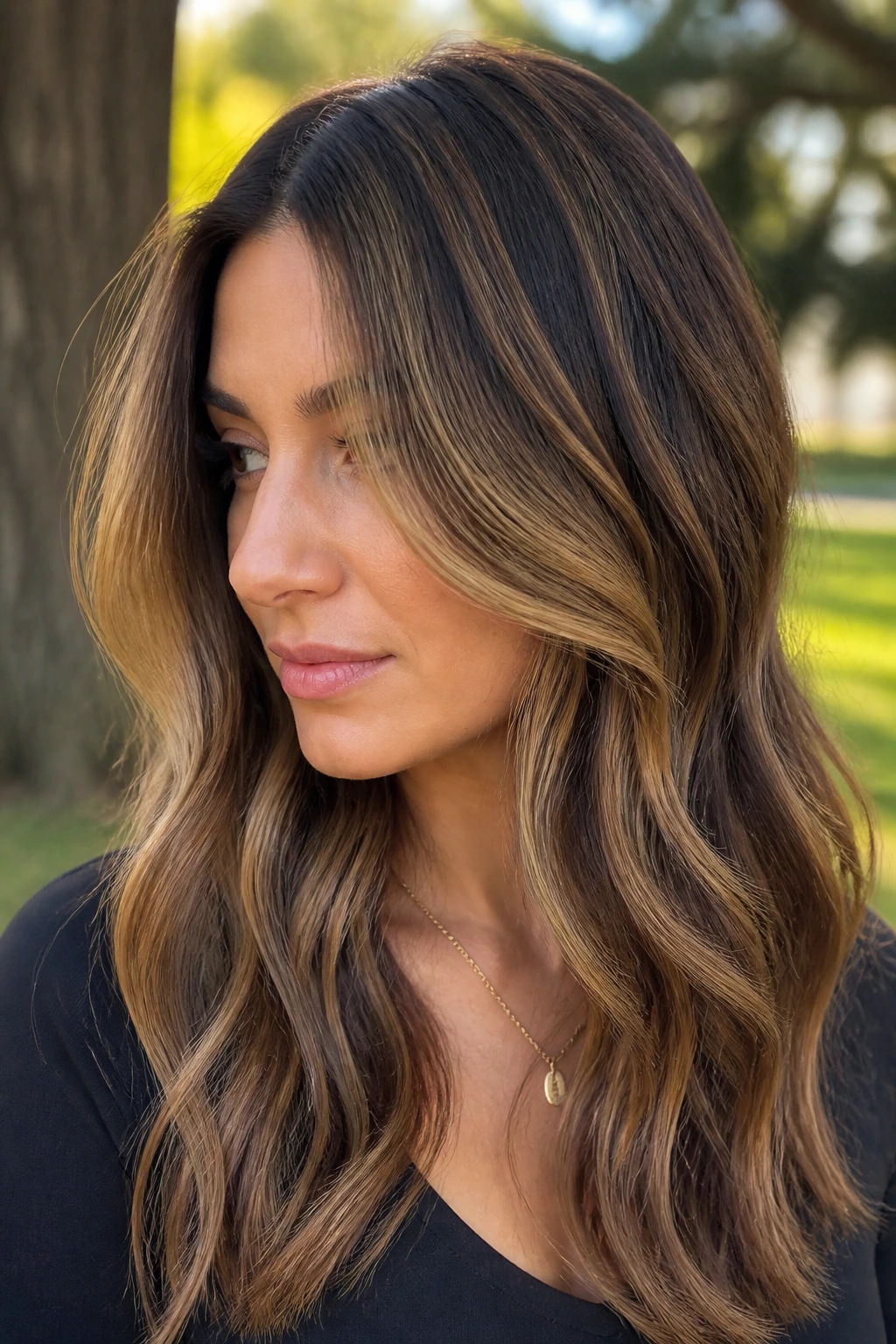 Close-up portrait of a real woman with cool caramel slices in brunette hair.