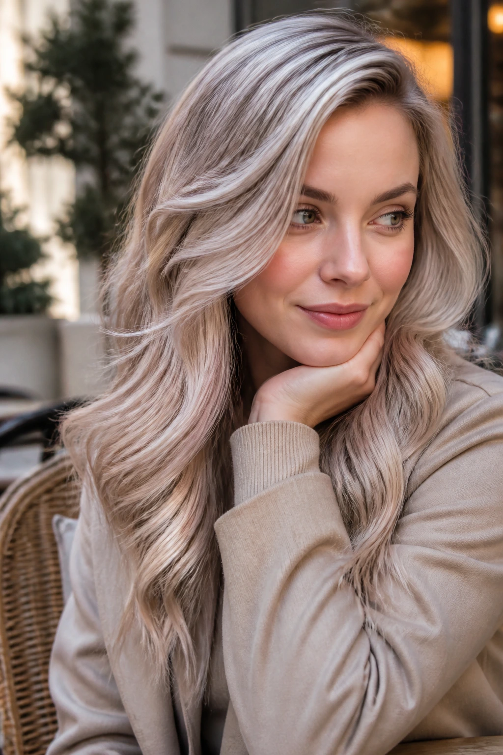 Portrait of a woman with cool champagne beige hair in a bright, soft look.