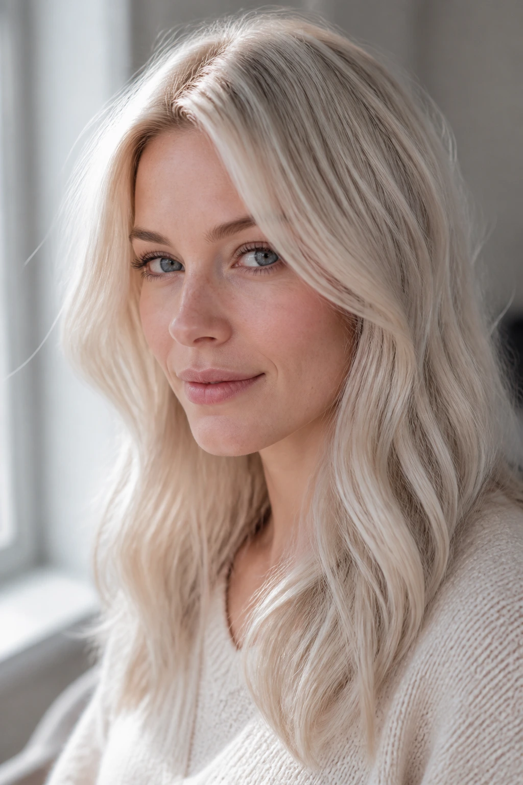 Portrait of a woman with cool champagne blonde hair in soft window light.