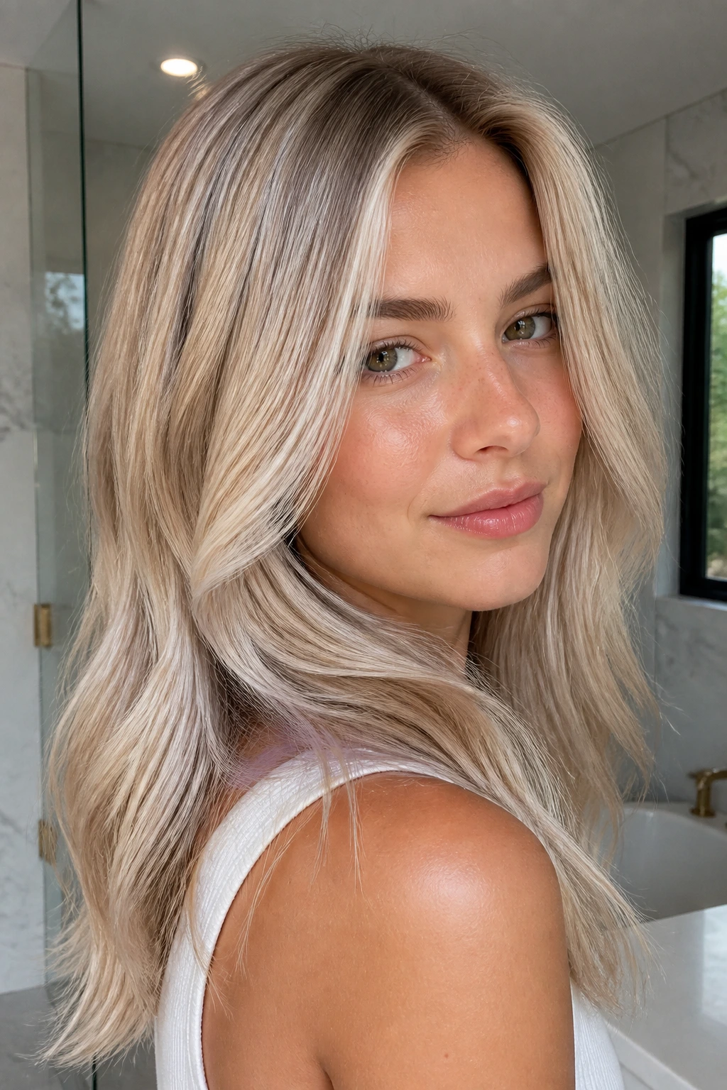 Woman with cool champagne veil over soft blonde base in a bright bathroom