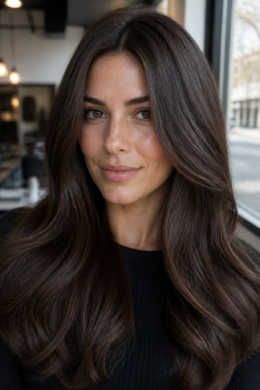 Real person with cool chestnut gloss hair, glossy mocha-brown tones in a sunlit salon.