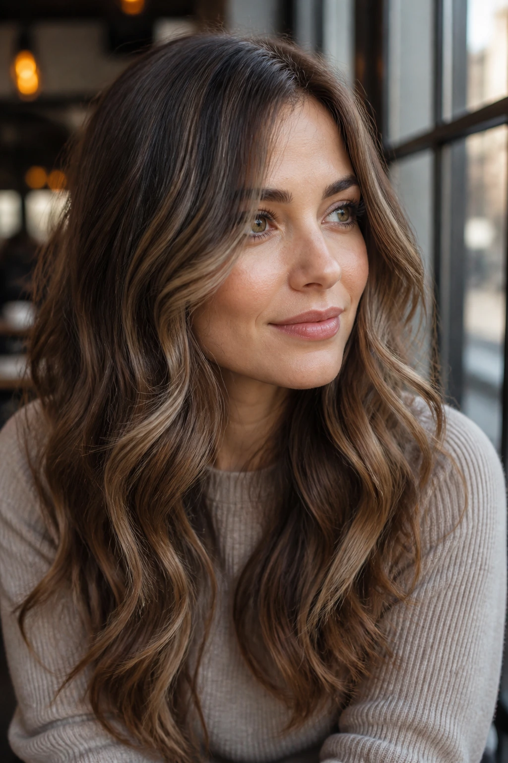 Close-up portrait of a woman with cool chestnut ripple balayage on wavy hair