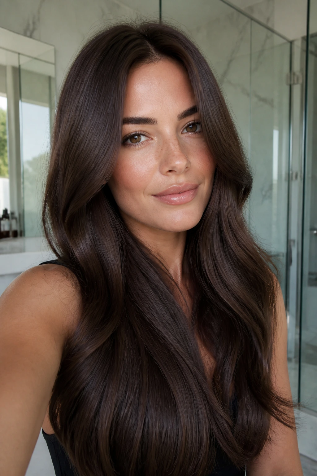 Real woman with cool cocoa brunette shade and high gloss shine.