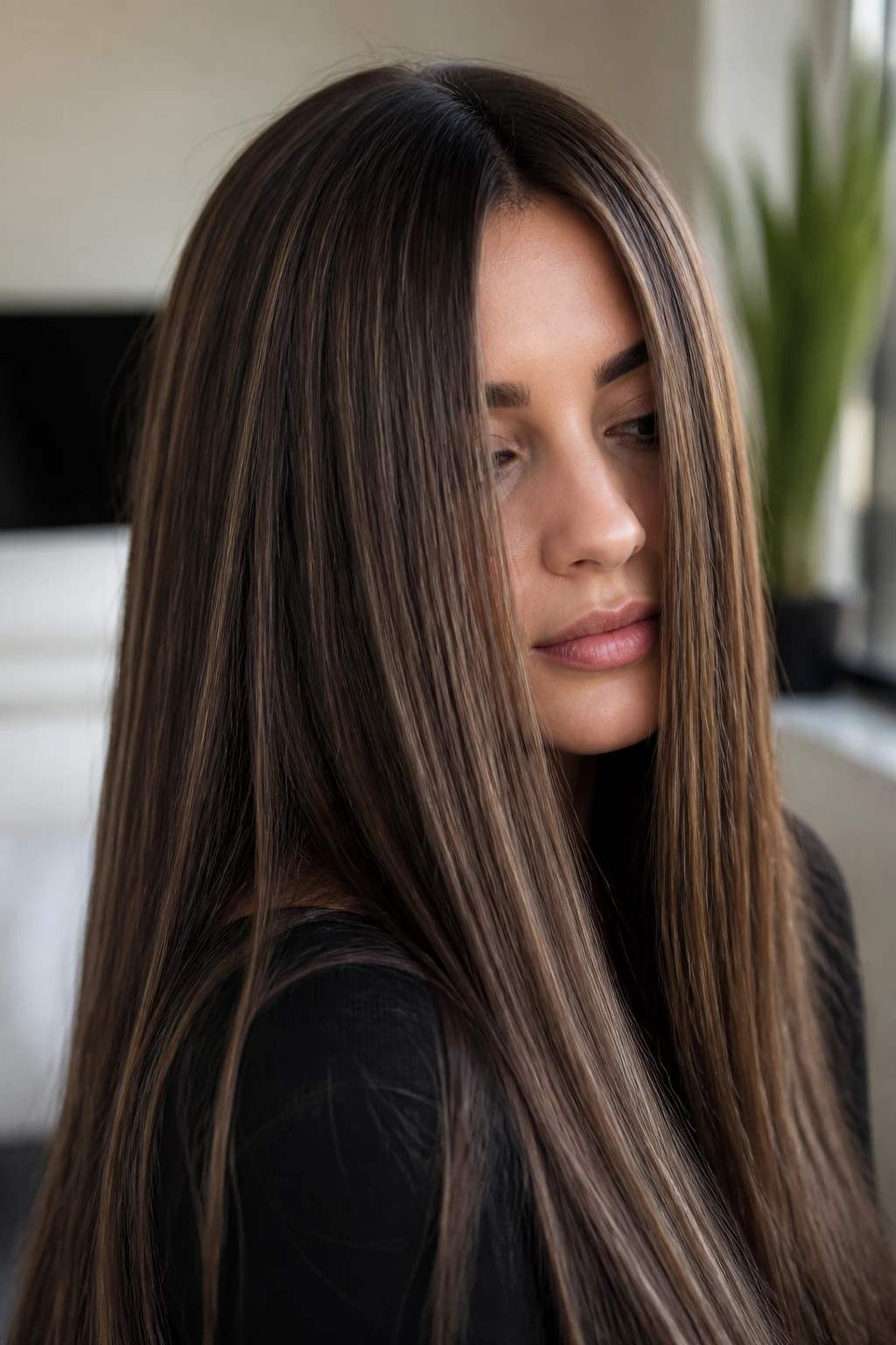 Portrait of straight hair with cool cocoa lowlights diagonal placement