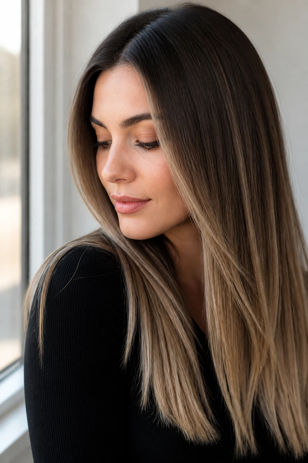 Close-up portrait of a real woman with cool cocoa and sand tip ombre hair