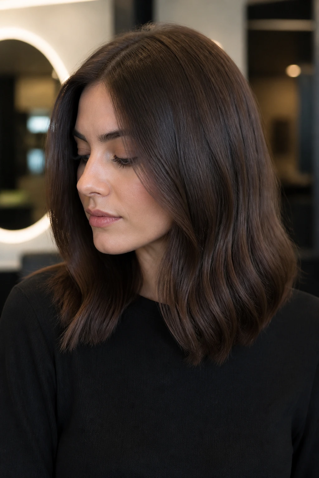 Close-up of a real woman with cool cocoa brown hair in satin finish