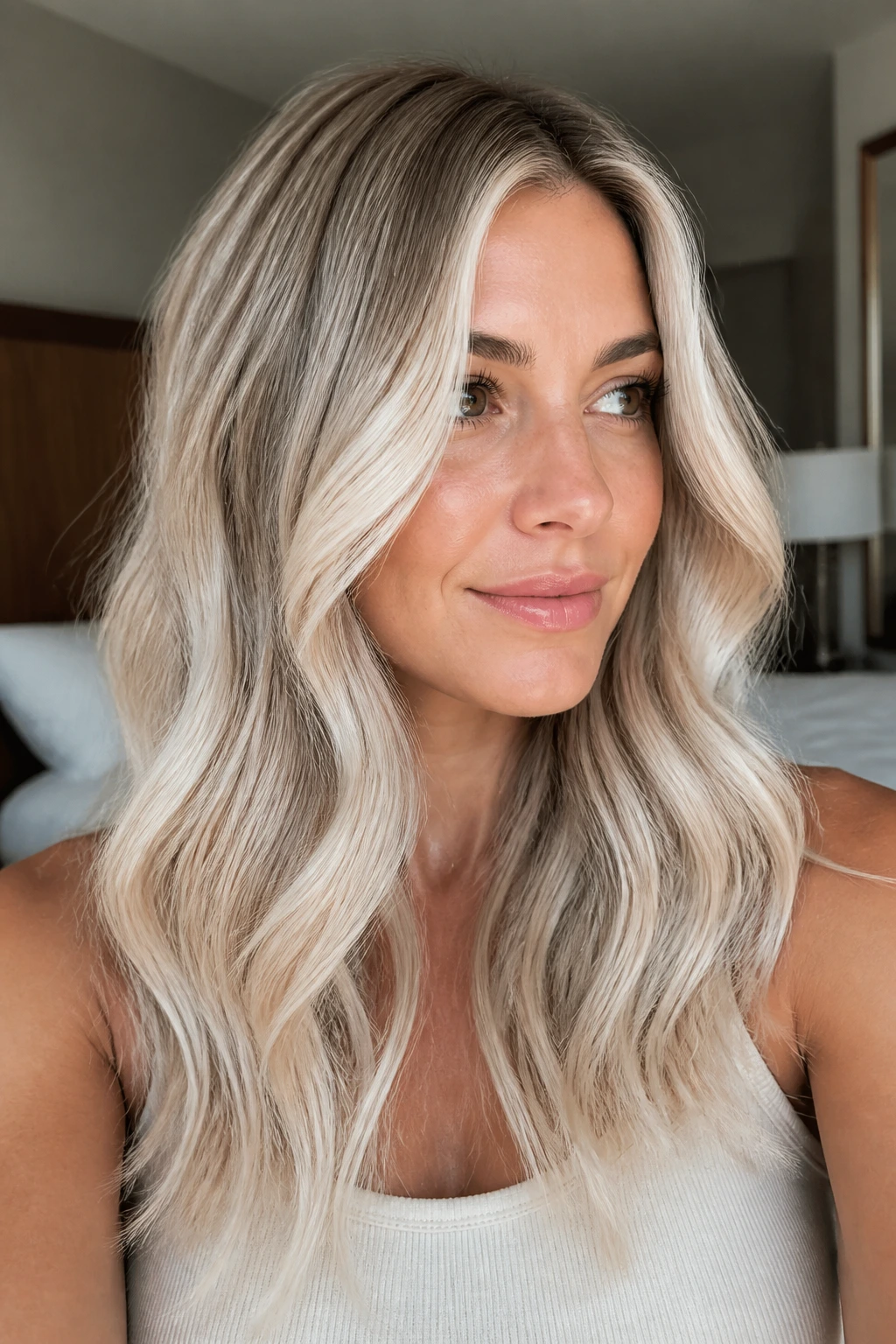 Portrait of a real woman with cool cream balayage hairstyle