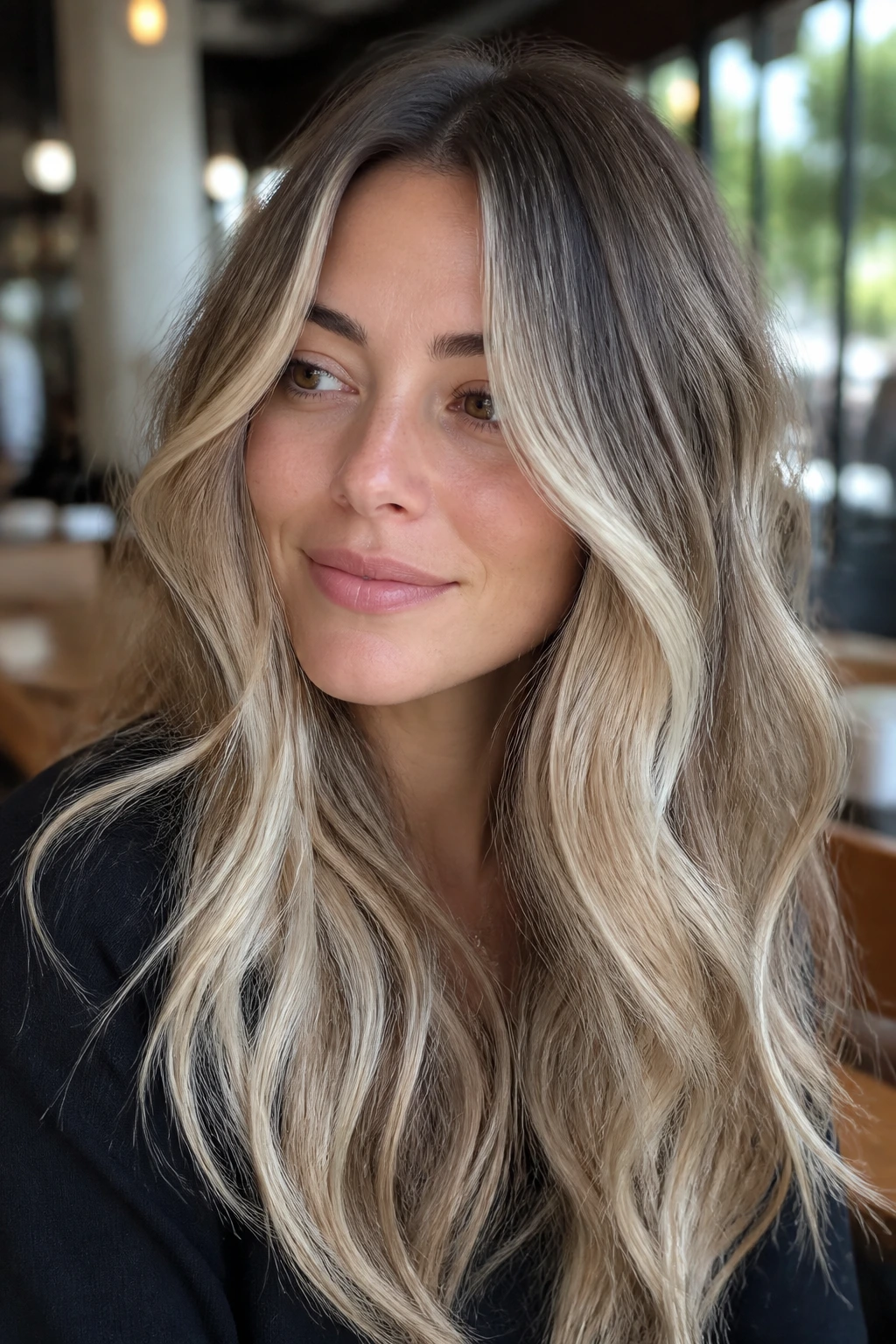 Close-up of a real woman with cool cream balayage around the face