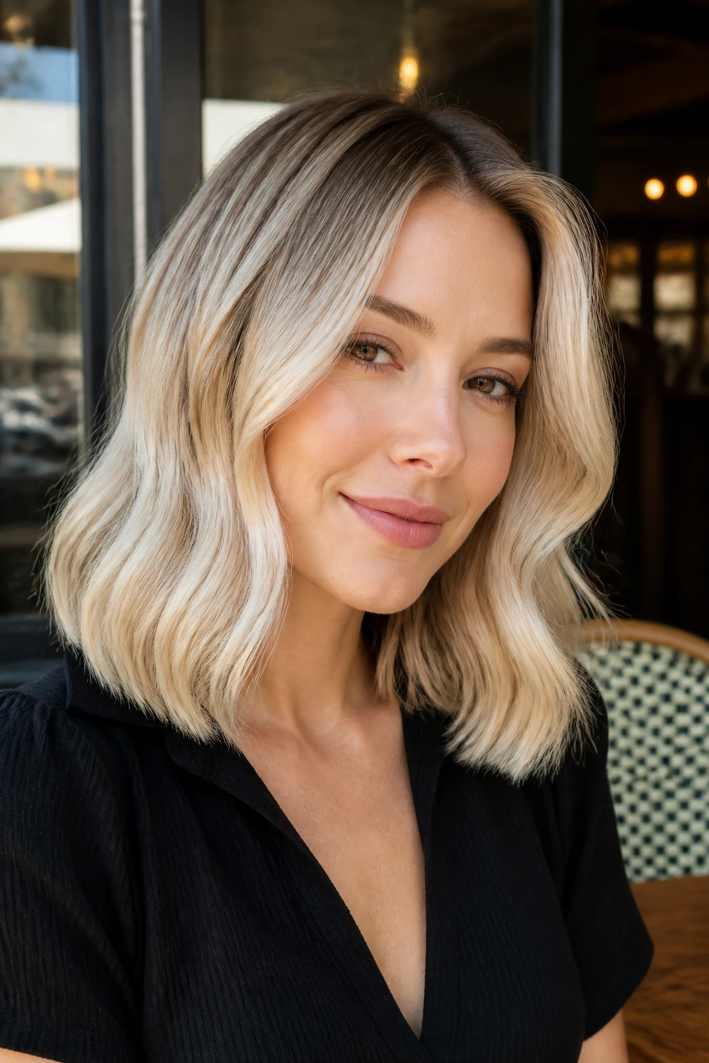 Close-up of a real woman with cool cream balayage on shoulder-length hair.