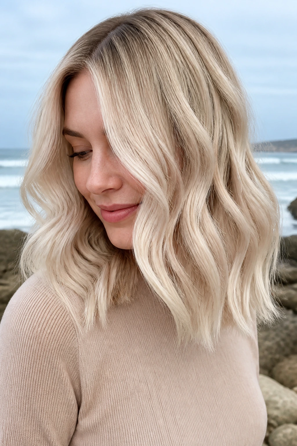 Portrait of a person with medium-length wavy cool cream blonde hair.