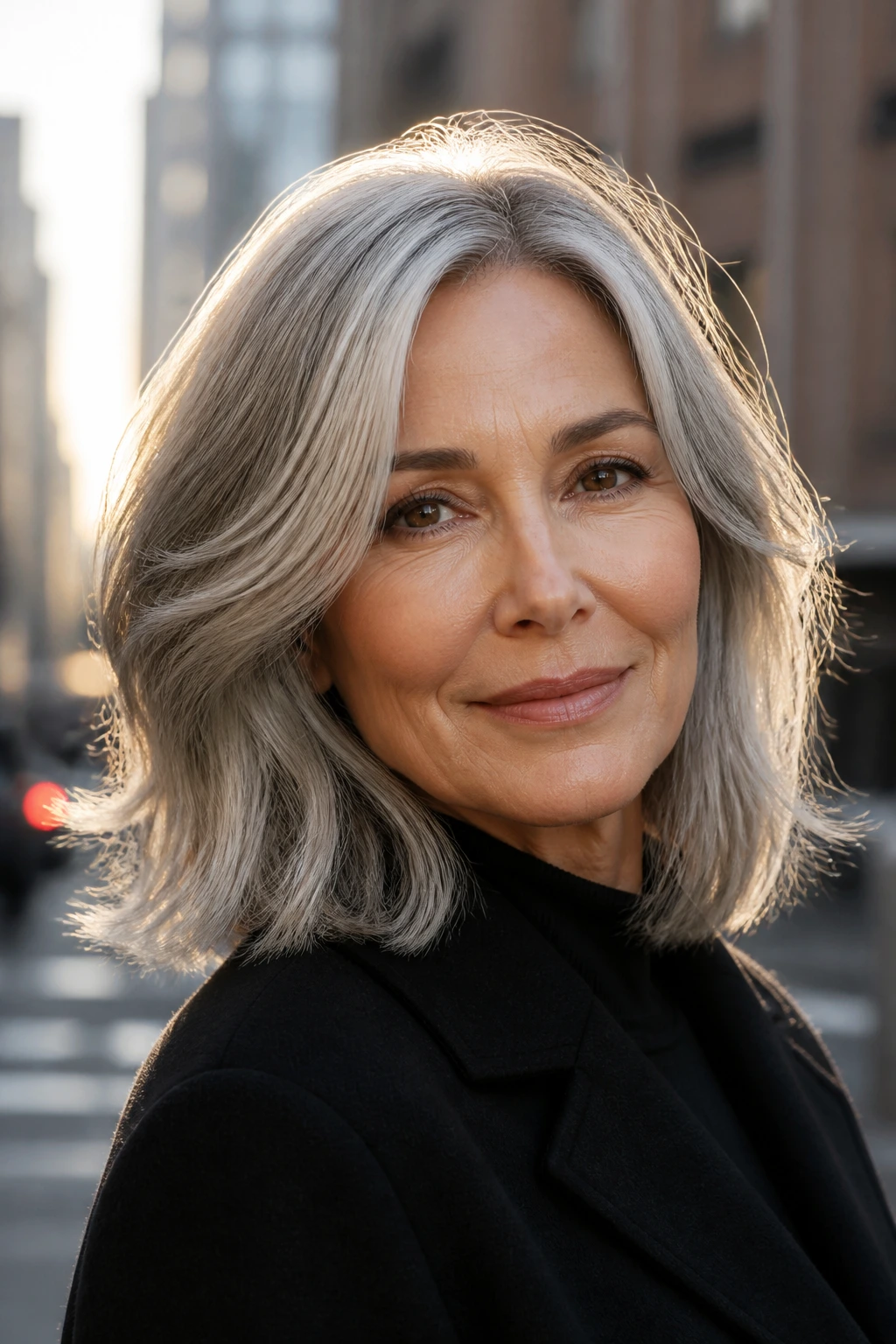 Close-up portrait of a real person with shoulder-length gray hair in an urban outdoor setting.